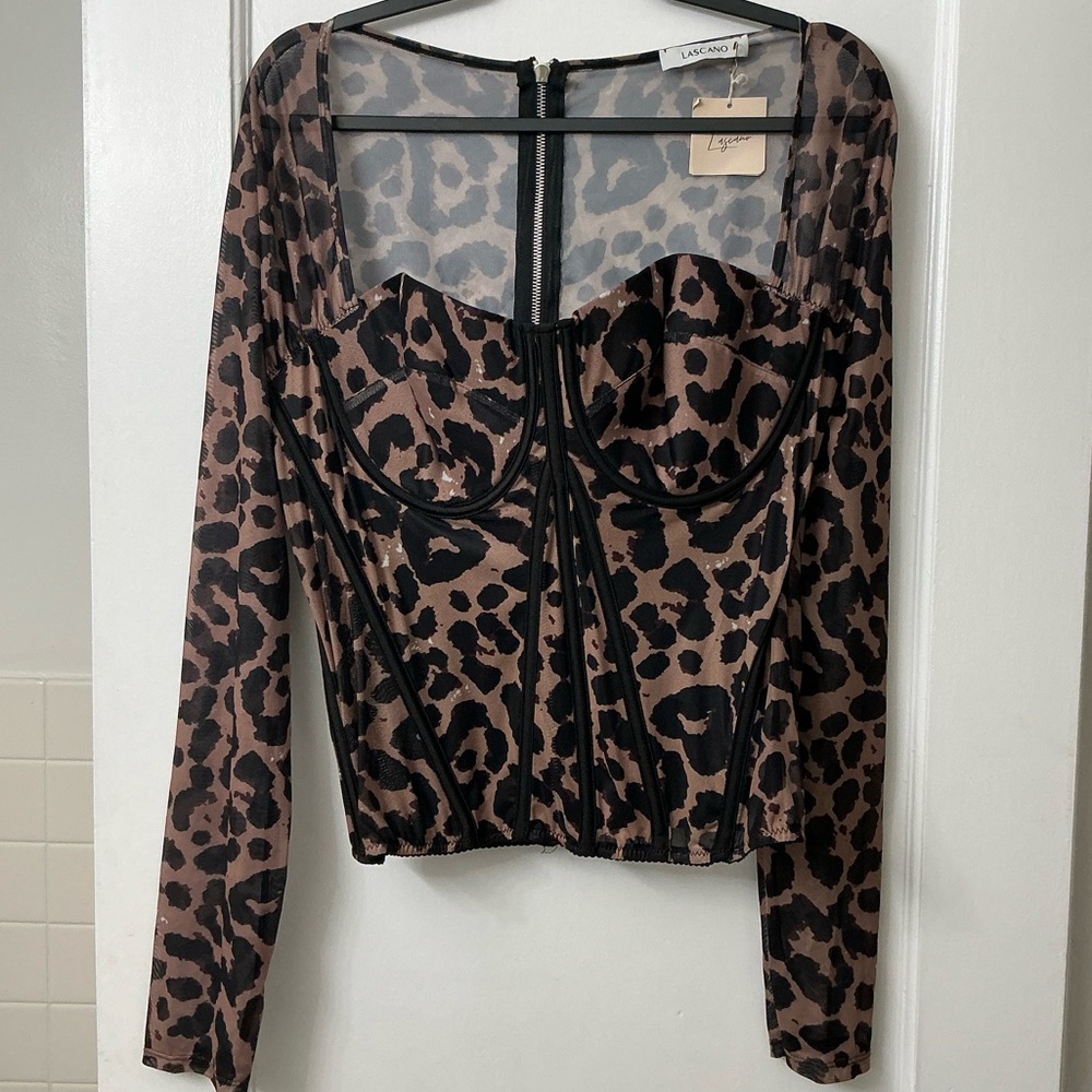 Leopard Print Mesh Long Sleeve Blouse